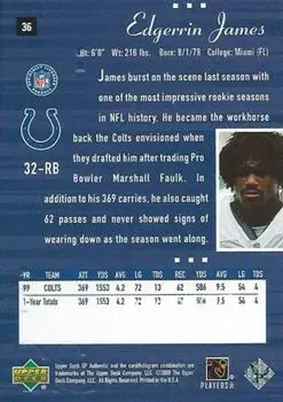 2000 SP Authentic #36 - Edgerrin James - Indianapolis Colts - Back