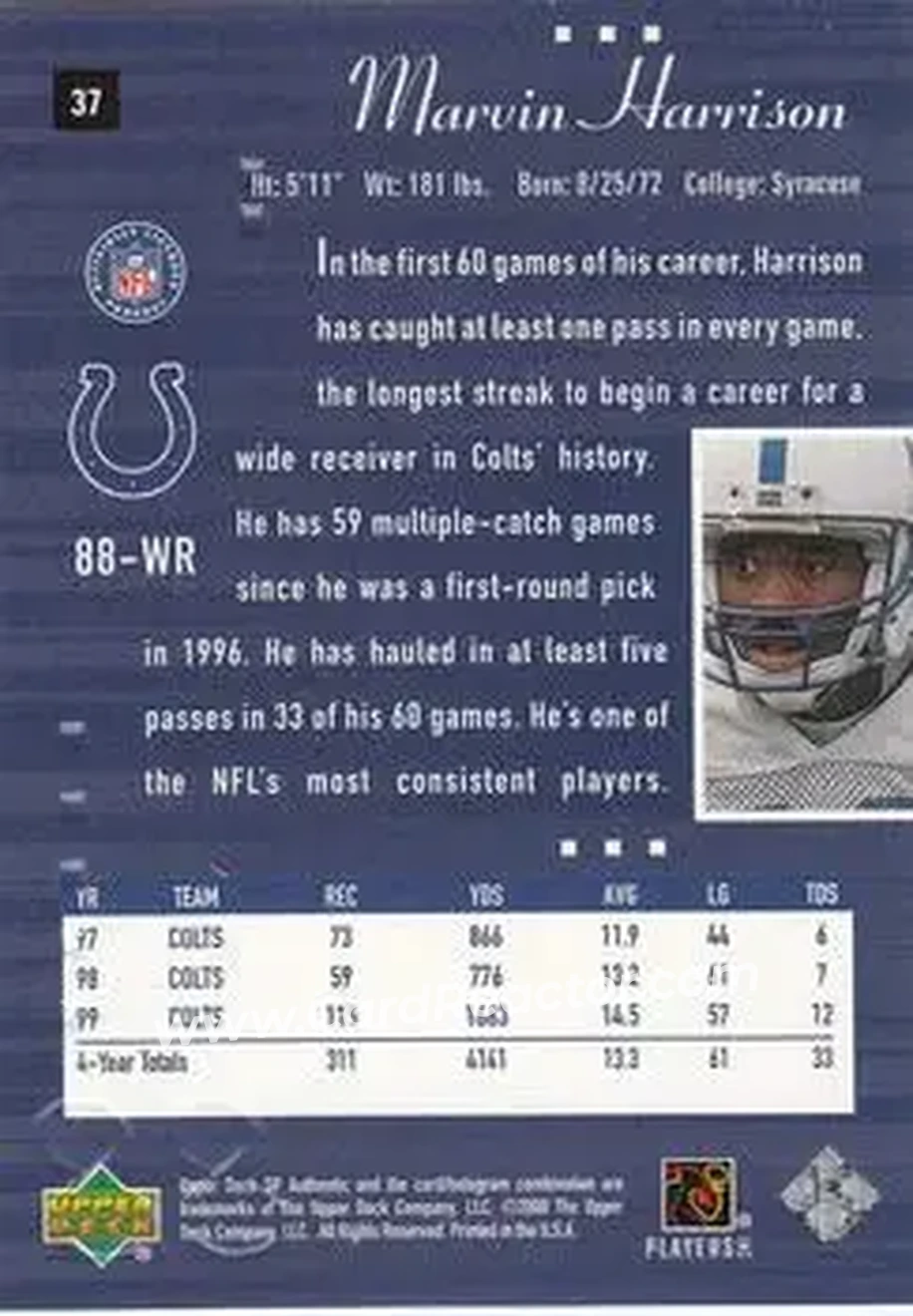 2000 SP Authentic #37 - Marvin Harrison - Indianapolis Colts - Back 2000 SP Authentic #37 - Marvin Harrison - Indianapolis Colts - Back