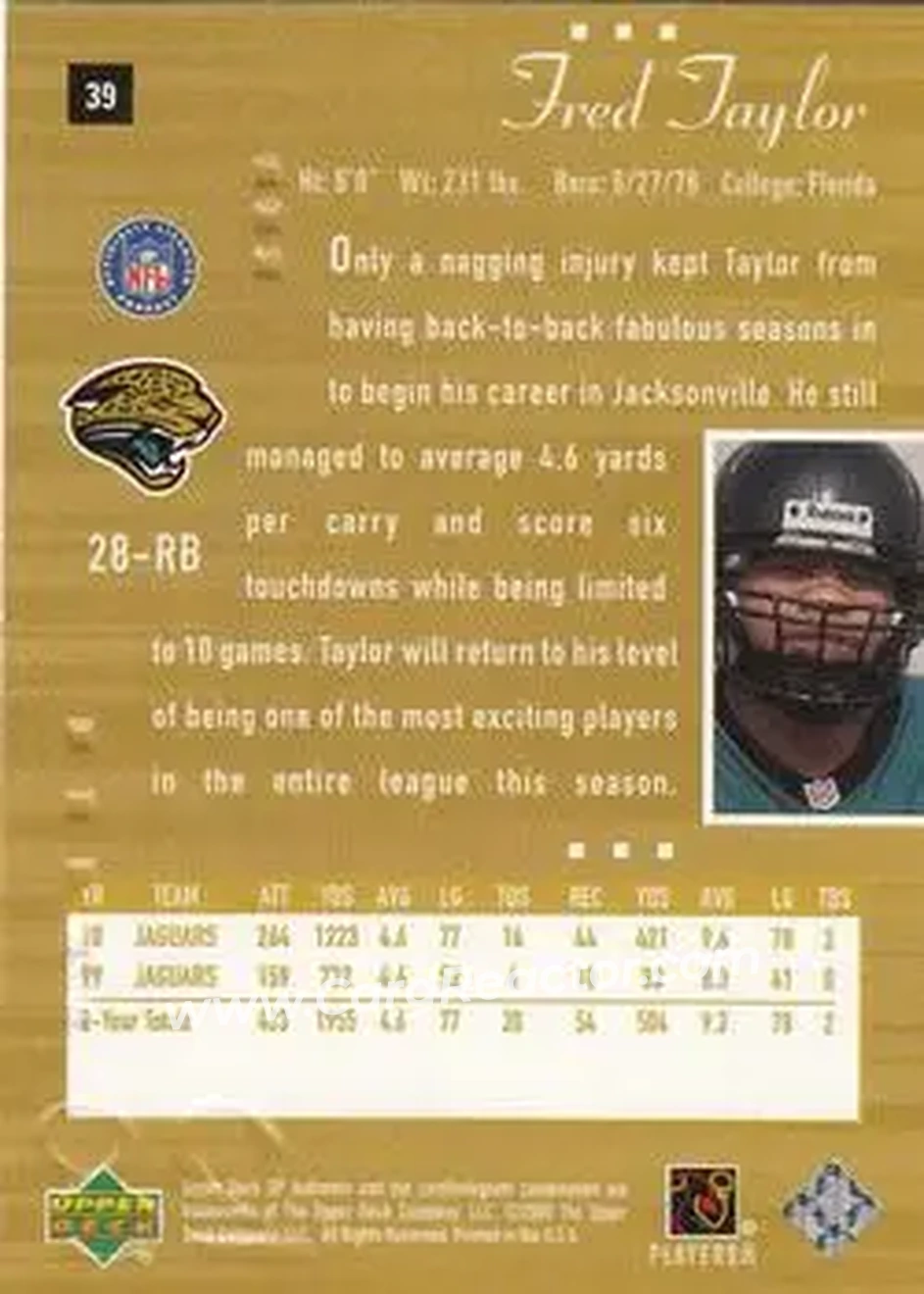 2000 SP Authentic #39 - Fred Taylor - Jacksonville Jaguars - Back