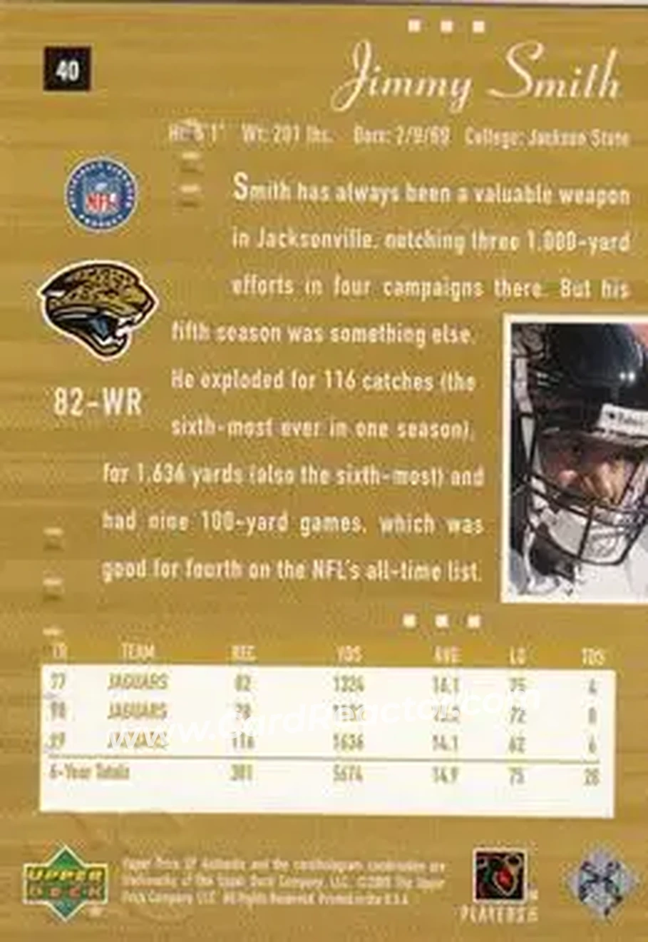 2000 SP Authentic #40 - Jimmy Smith - Jacksonville Jaguars - Back 2000 SP Authentic #40 - Jimmy Smith - Jacksonville Jaguars - Back