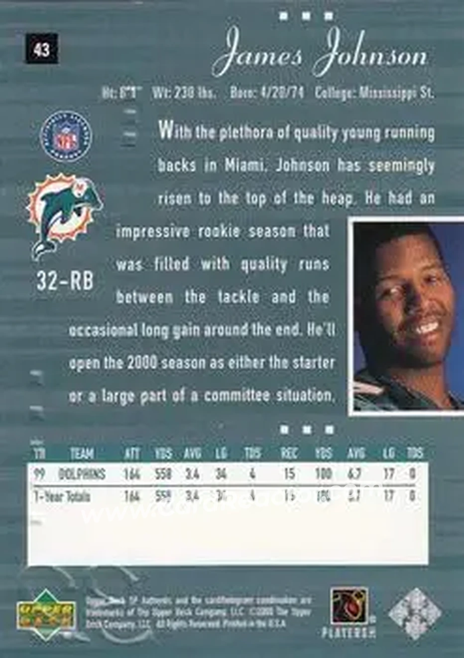 2000 SP Authentic #43 - James Johnson - Miami Dolphins - Back