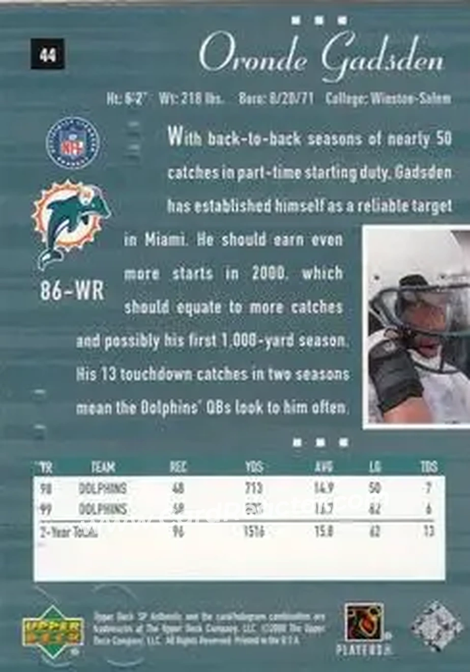 2000 SP Authentic #44 - Oronde Gadsden - Miami Dolphins - Back