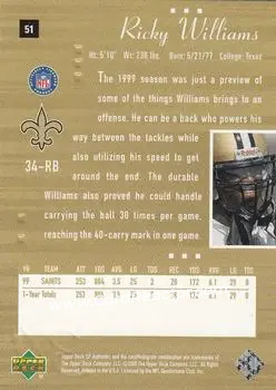 2000 SP Authentic #51 - Ricky Williams - New Orleans Saints - Back