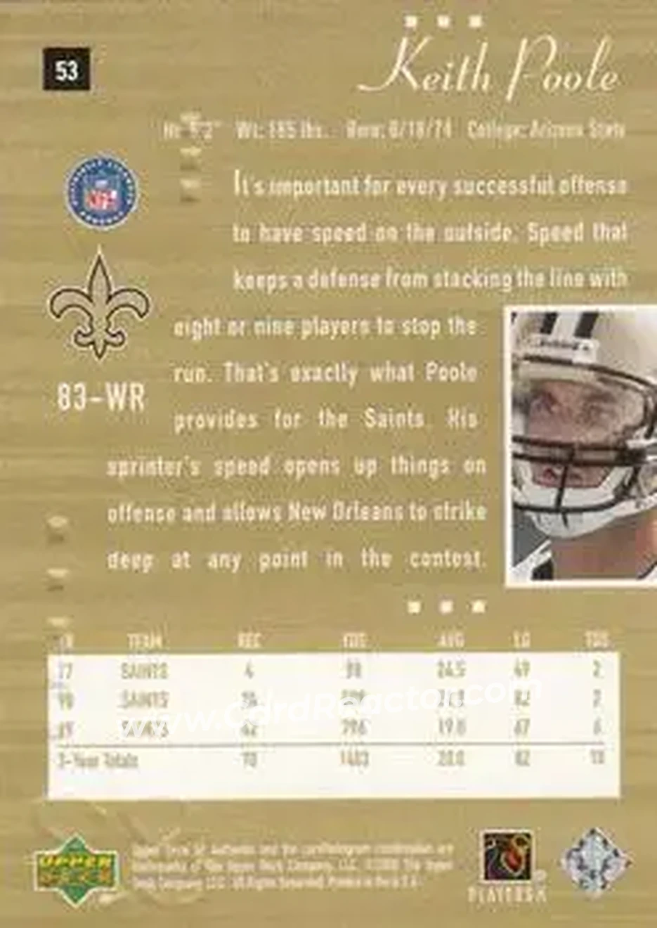 2000 SP Authentic #53 - Keith Poole - New Orleans Saints - Back