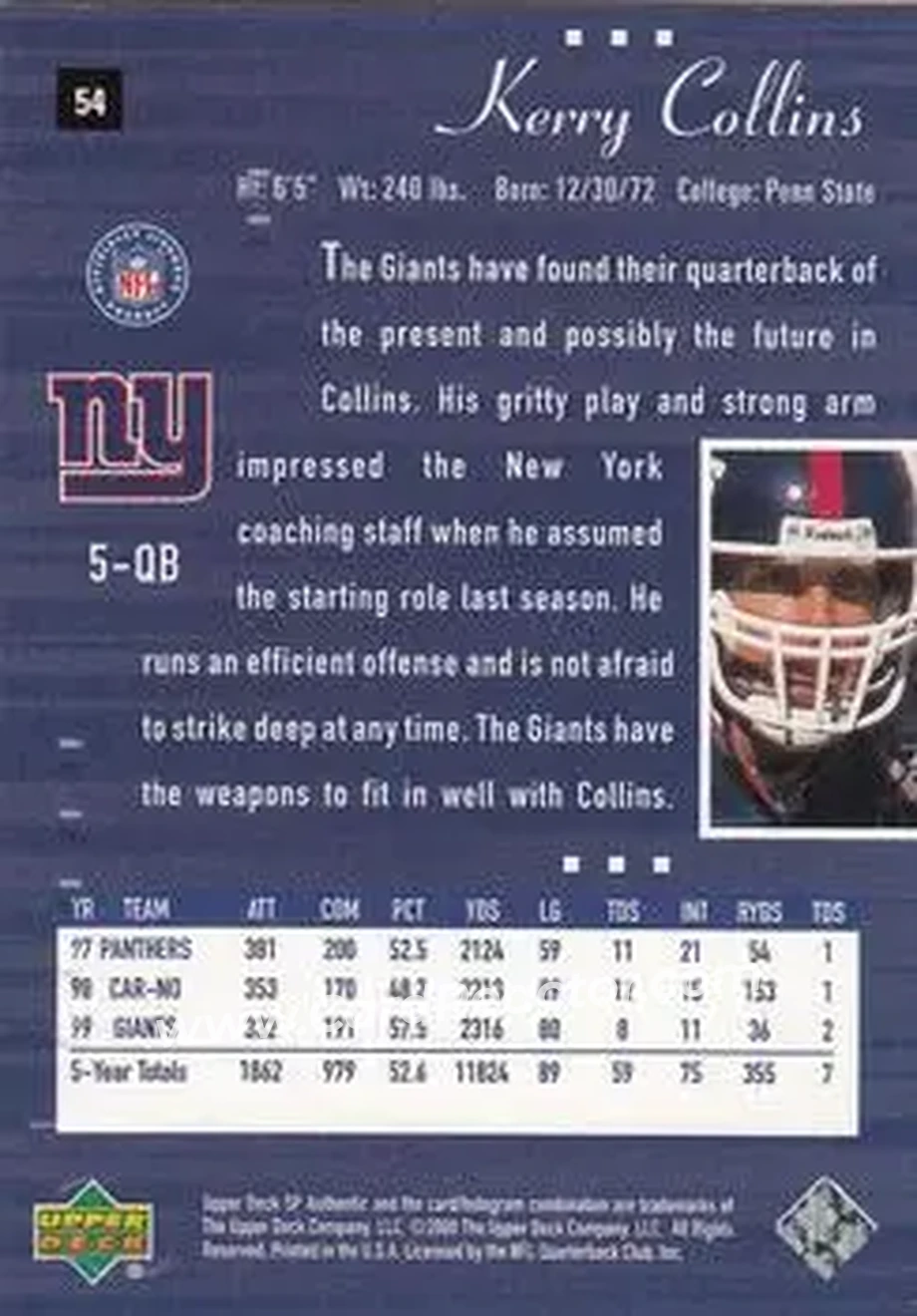 2000 SP Authentic #54 - Kerry Collins - New York Giants - Back