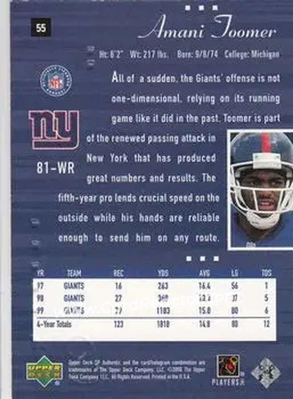 2000 SP Authentic #55 - Amani Toomer - New York Giants - Back