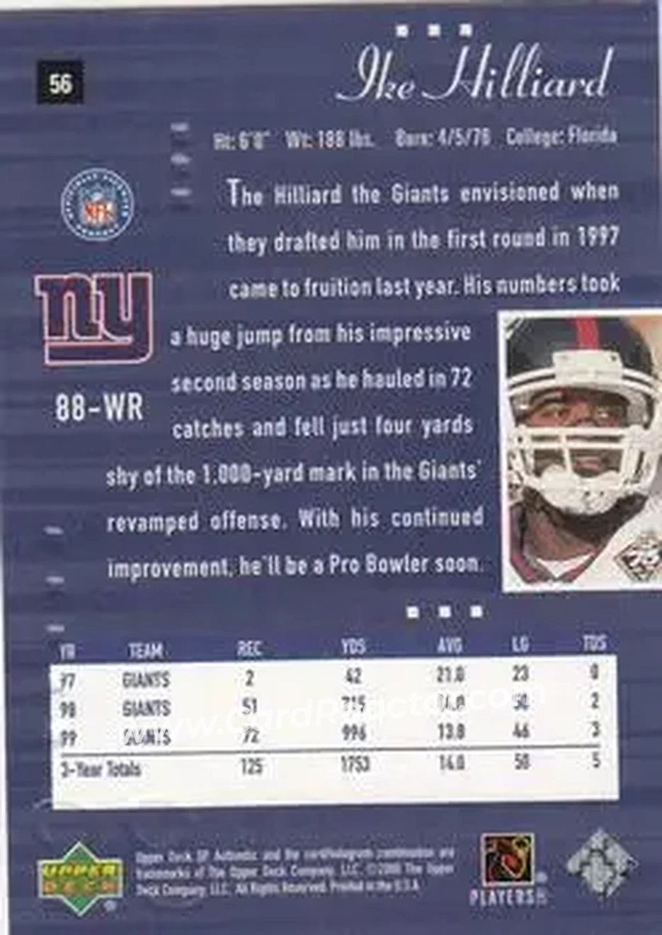2000 SP Authentic #56 - Ike Hilliard - New York Giants - Back