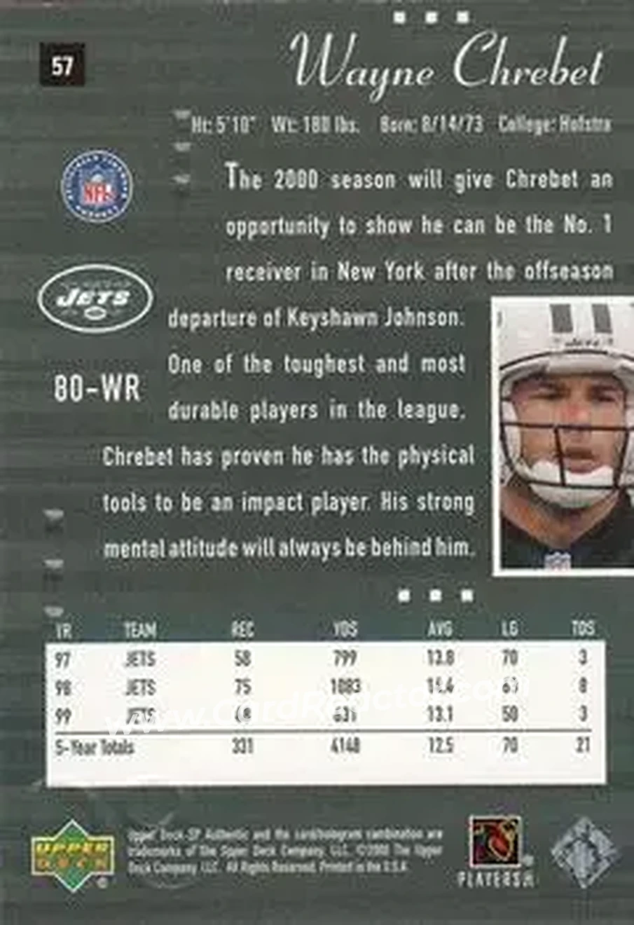 2000 SP Authentic #57 - Wayne Chrebet - New York Jets - Back