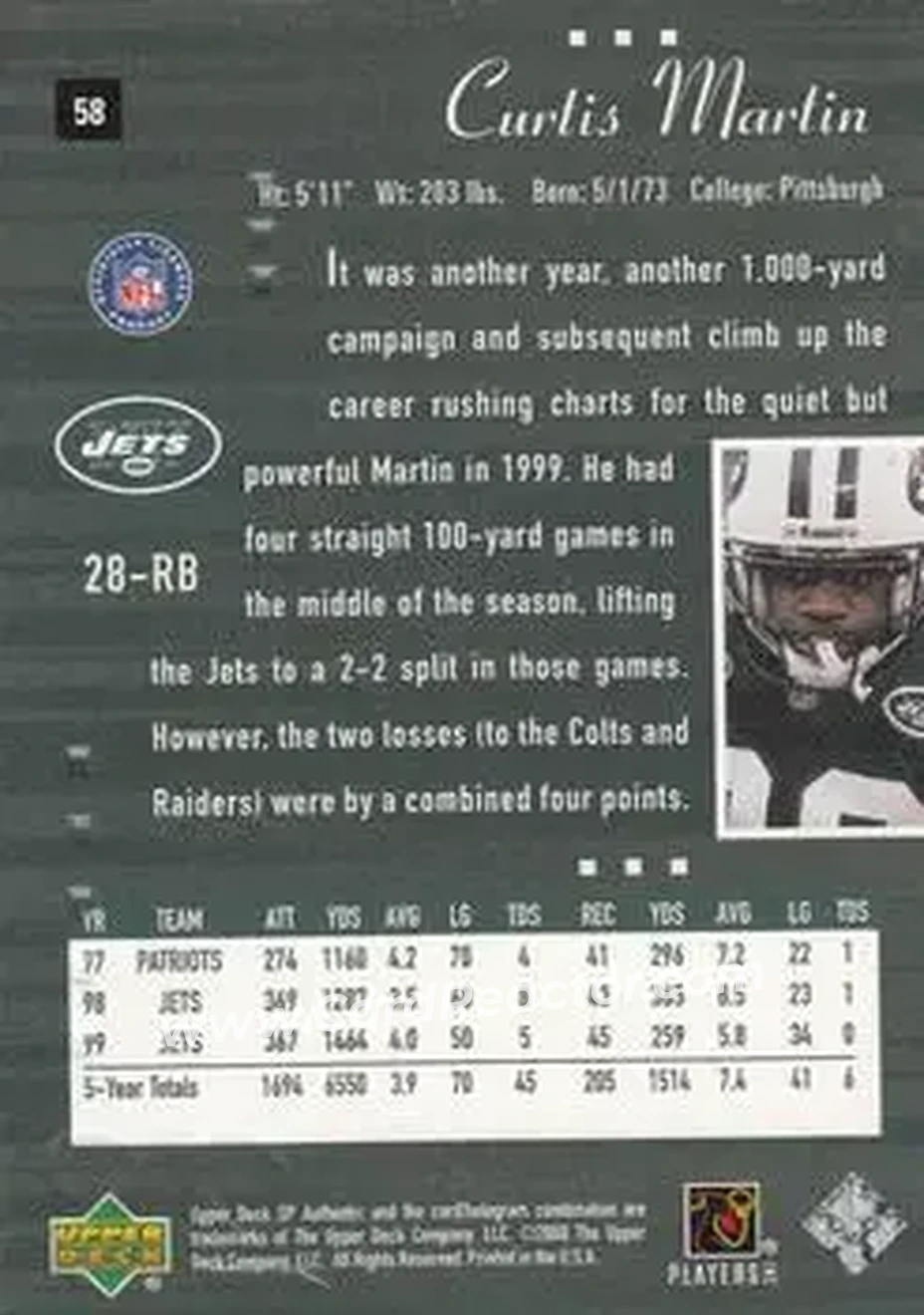 2000 SP Authentic #58 - Curtis Martin - New York Jets - Back 2000 SP Authentic #58 - Curtis Martin - New York Jets - Back