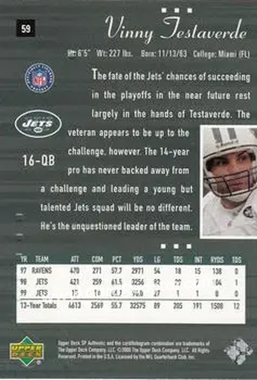 2000 SP Authentic #59 - Vinny Testaverde - New York Jets - Back
