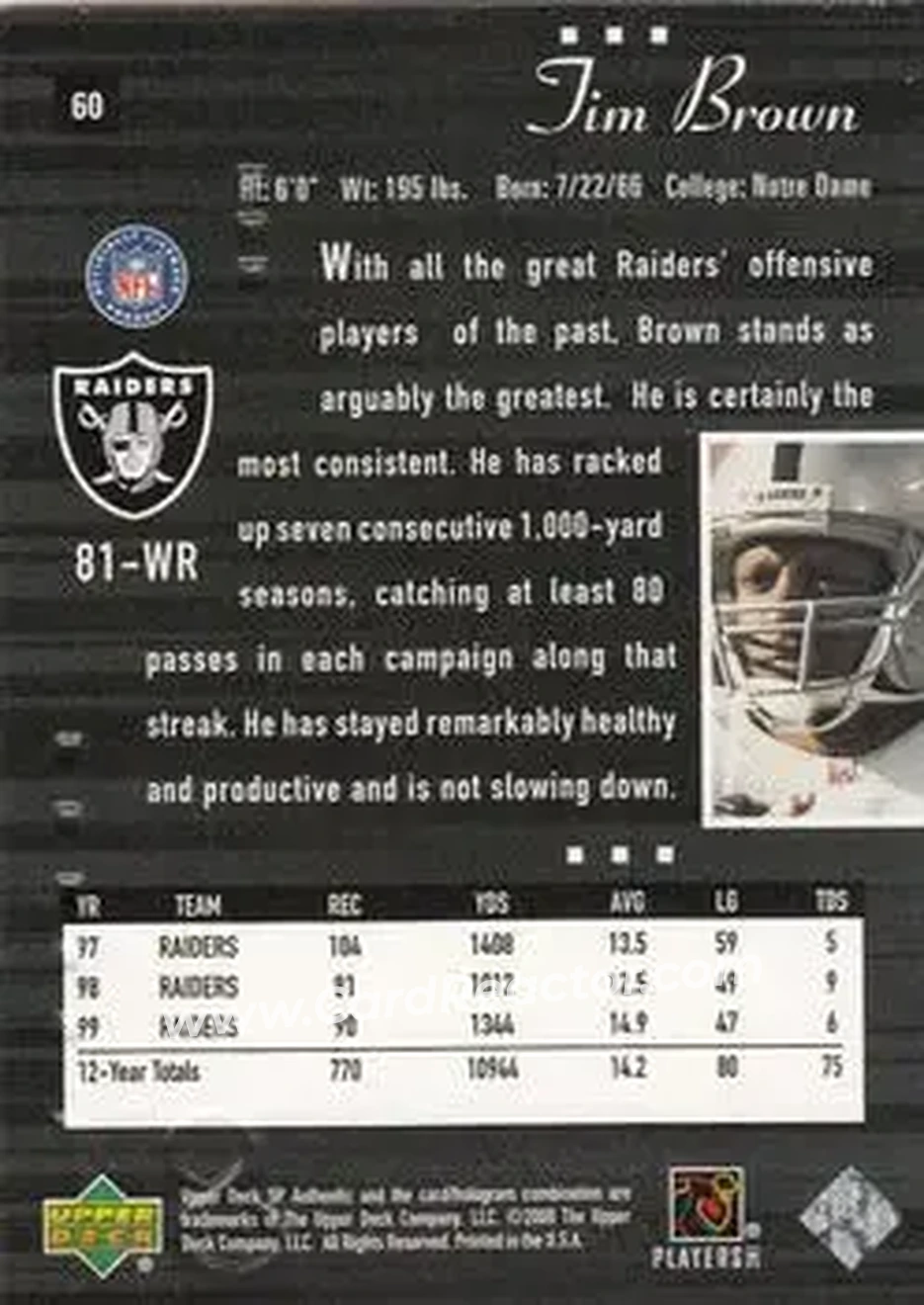 2000 SP Authentic #60 - Tim Brown - Oakland Raiders - Back