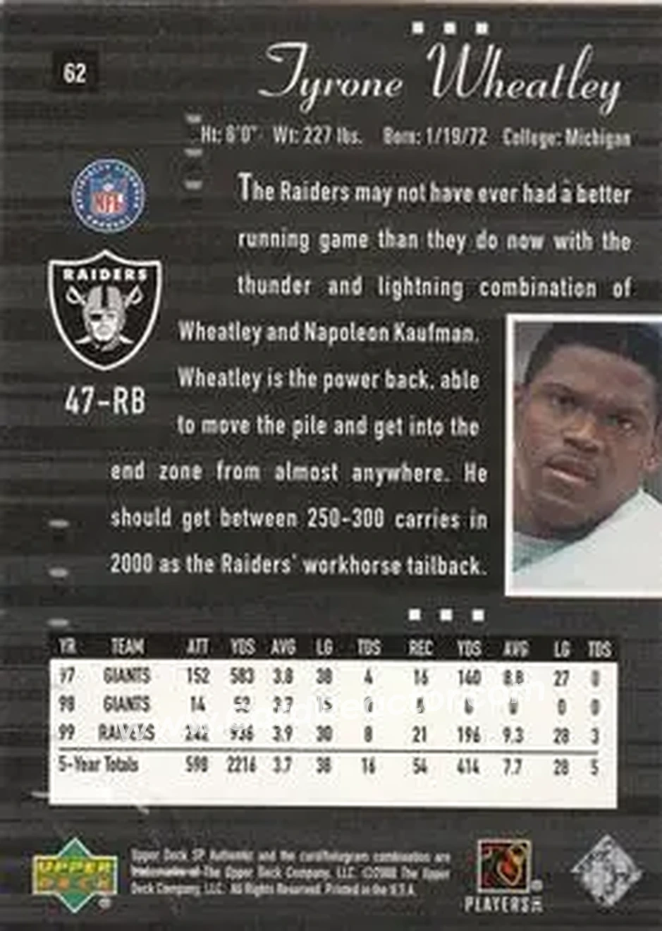 2000 SP Authentic #62 - Tyrone Wheatley - Oakland Raiders - Back 2000 SP Authentic #62 - Tyrone Wheatley - Oakland Raiders - Back