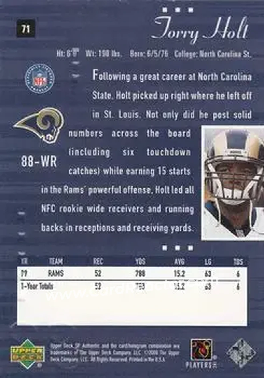 2000 SP Authentic #71 - Torry Holt - St. Louis Rams - Back