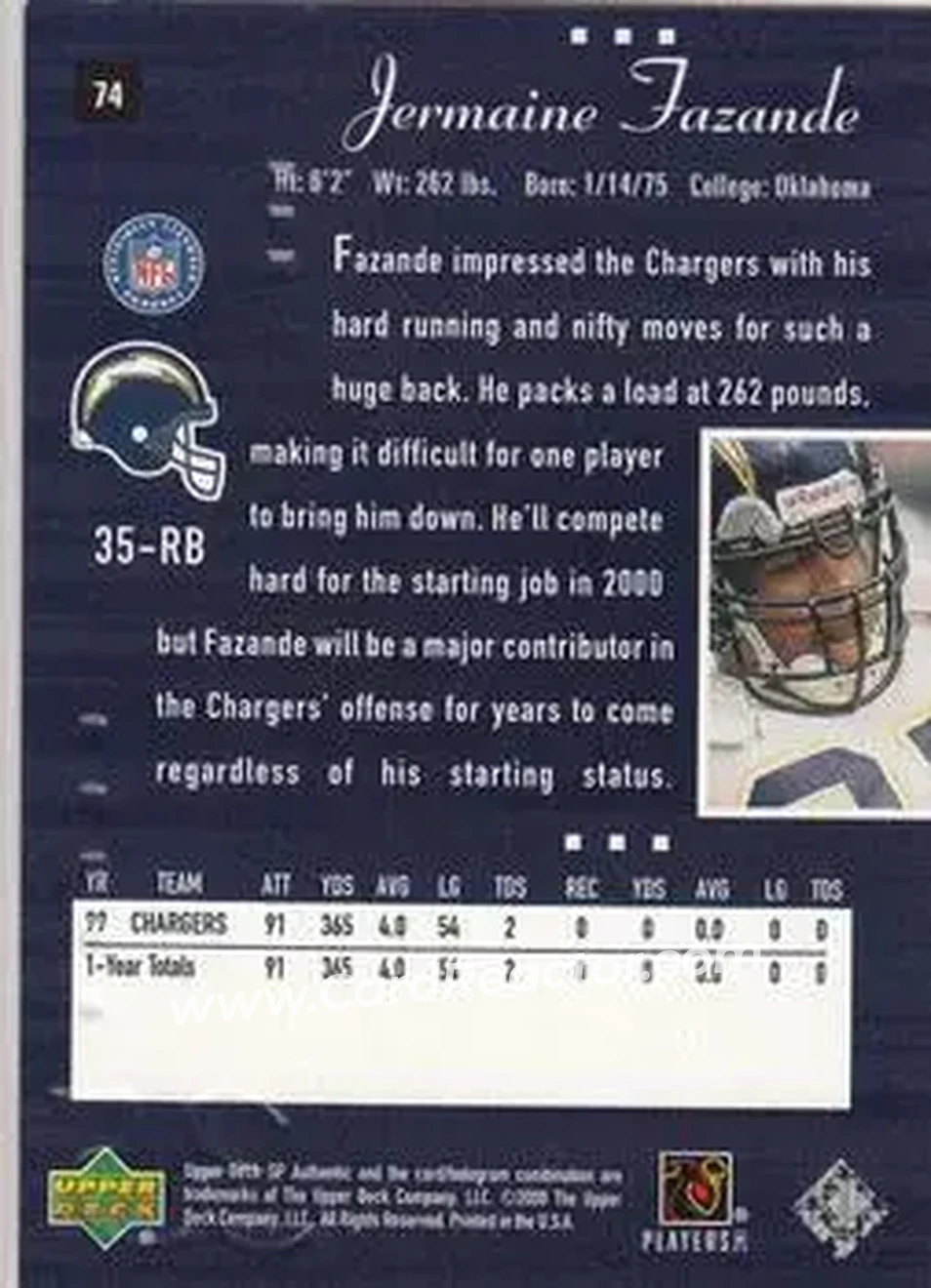 2000 SP Authentic #74 - Jermaine Fazande - San Diego Chargers - Back