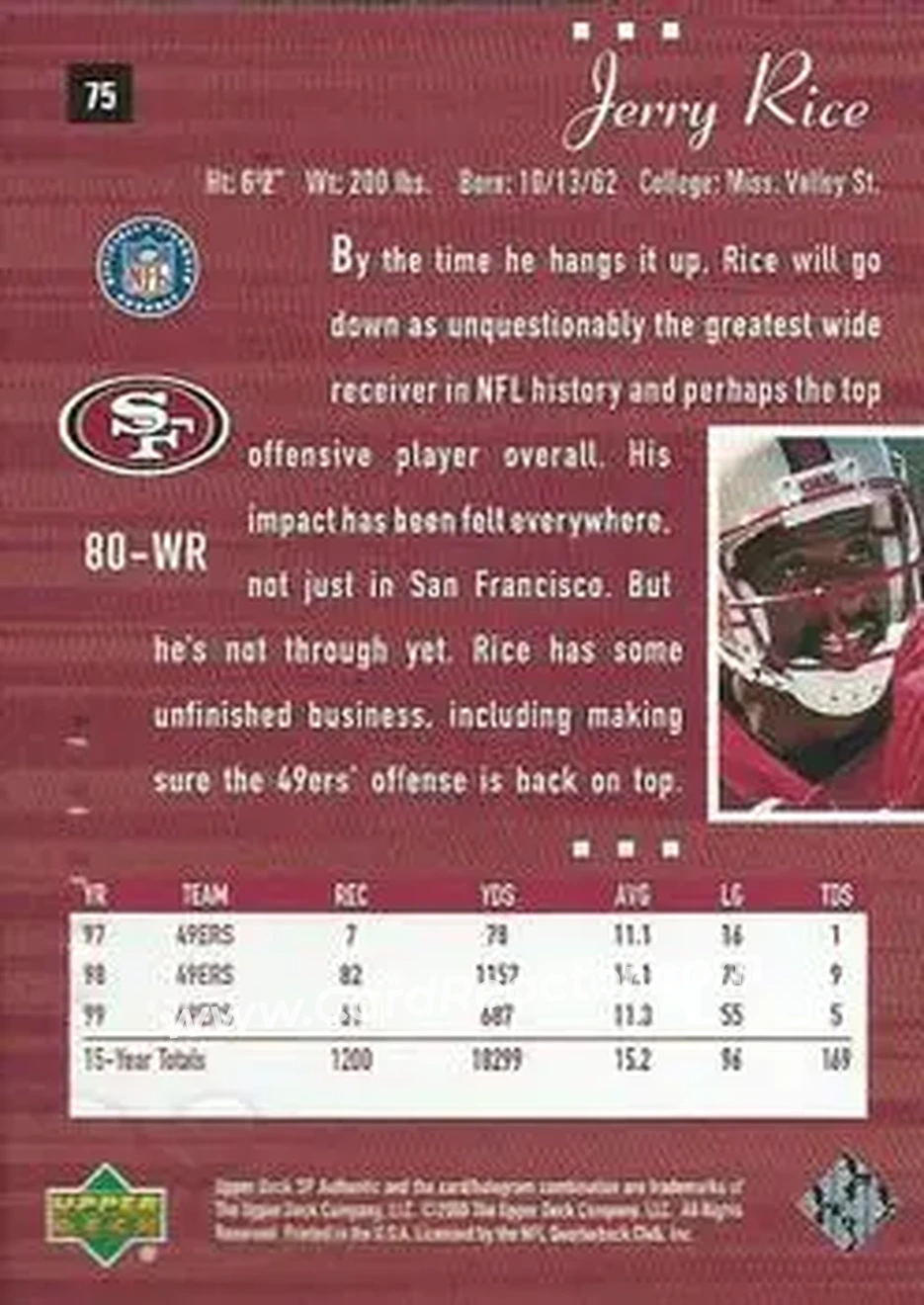 2000 SP Authentic #75 - Jerry Rice - San Francisco 49ers - Back 2000 SP Authentic #75 - Jerry Rice - San Francisco 49ers - Back