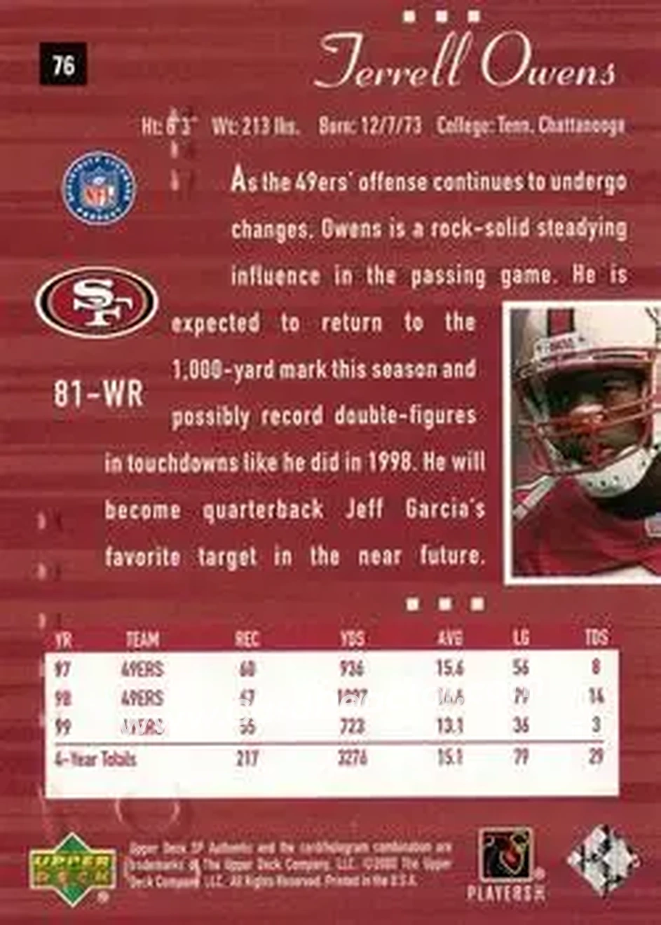 2000 SP Authentic #76 - Terrell Owens - San Francisco 49ers - Back
