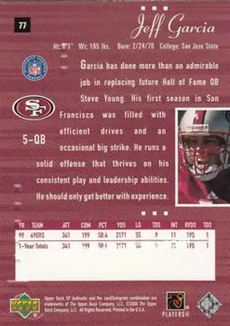 2000 SP Authentic #77 - Jeff Garcia - San Francisco 49ers - Back 2000 SP Authentic #77 - Jeff Garcia - San Francisco 49ers - Back