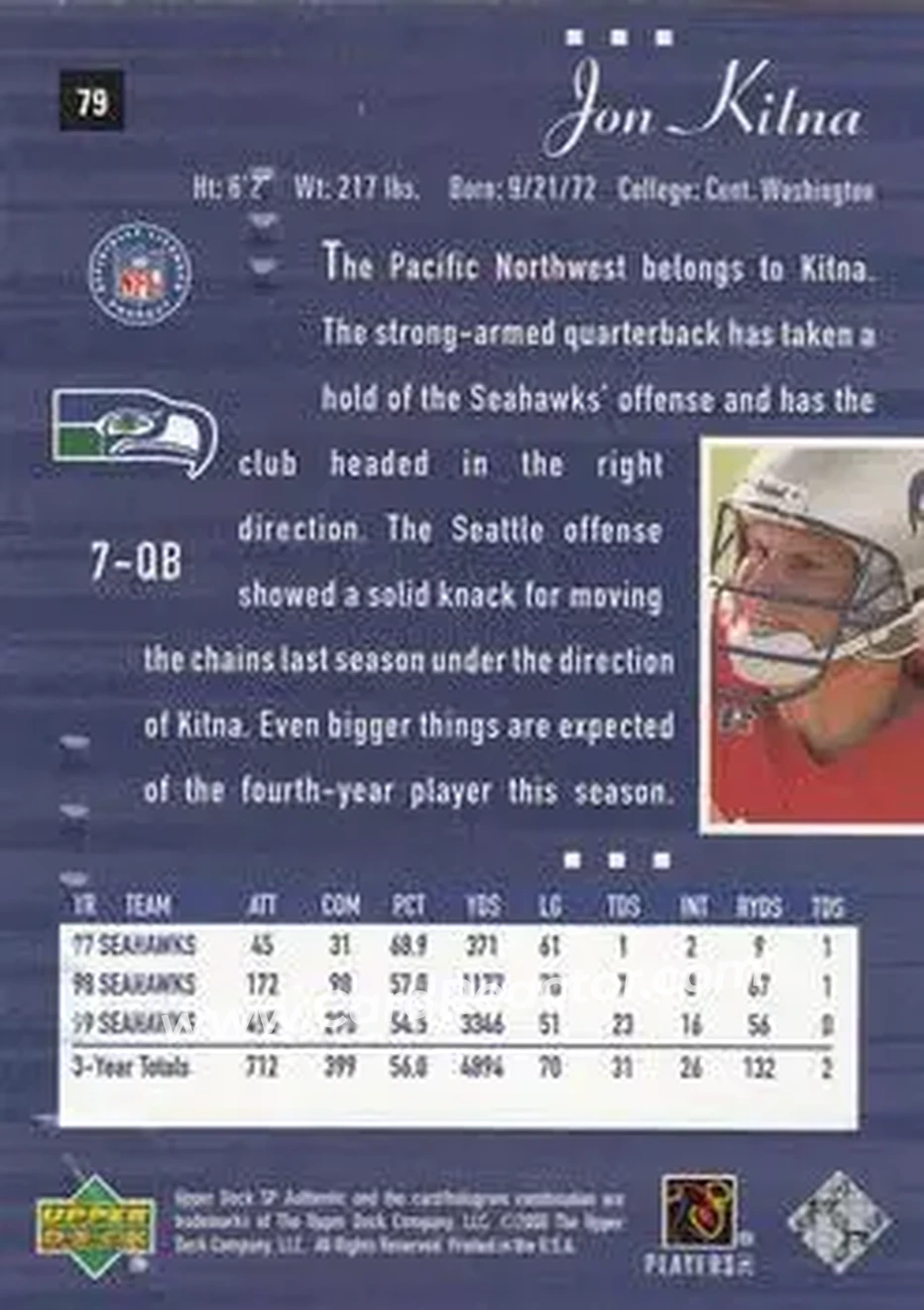2000 SP Authentic #79 - Jon Kitna - Seattle Seahawks - Back