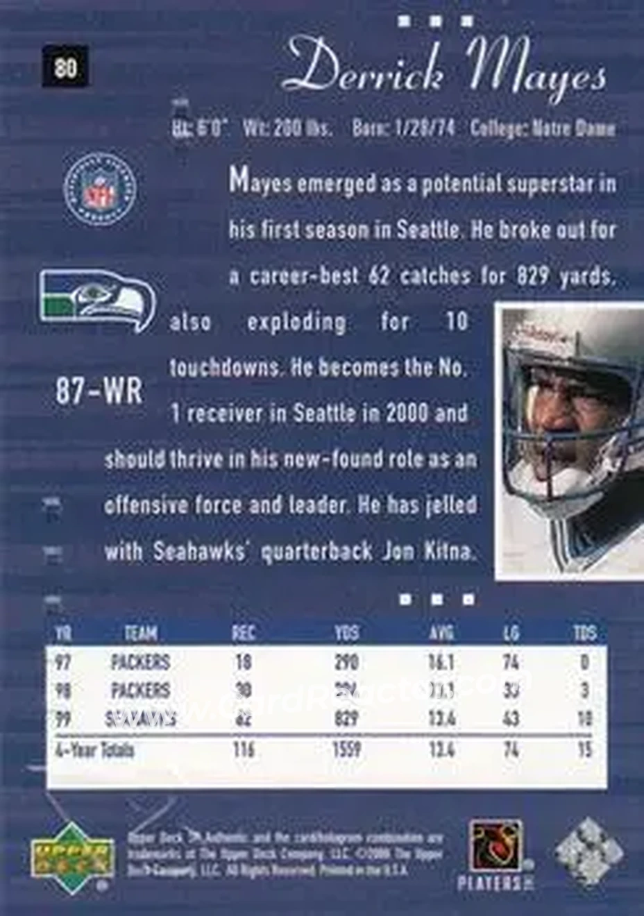 2000 SP Authentic #80 - Derrick Mayes - Seattle Seahawks - Back