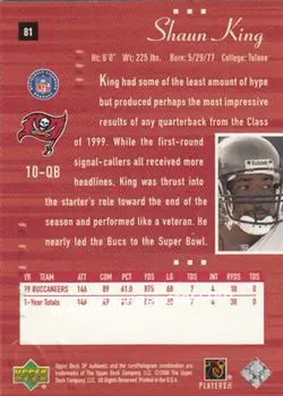 2000 SP Authentic #81 - Shaun King - Tampa Bay Buccaneers - Back 2000 SP Authentic #81 - Shaun King - Tampa Bay Buccaneers - Back