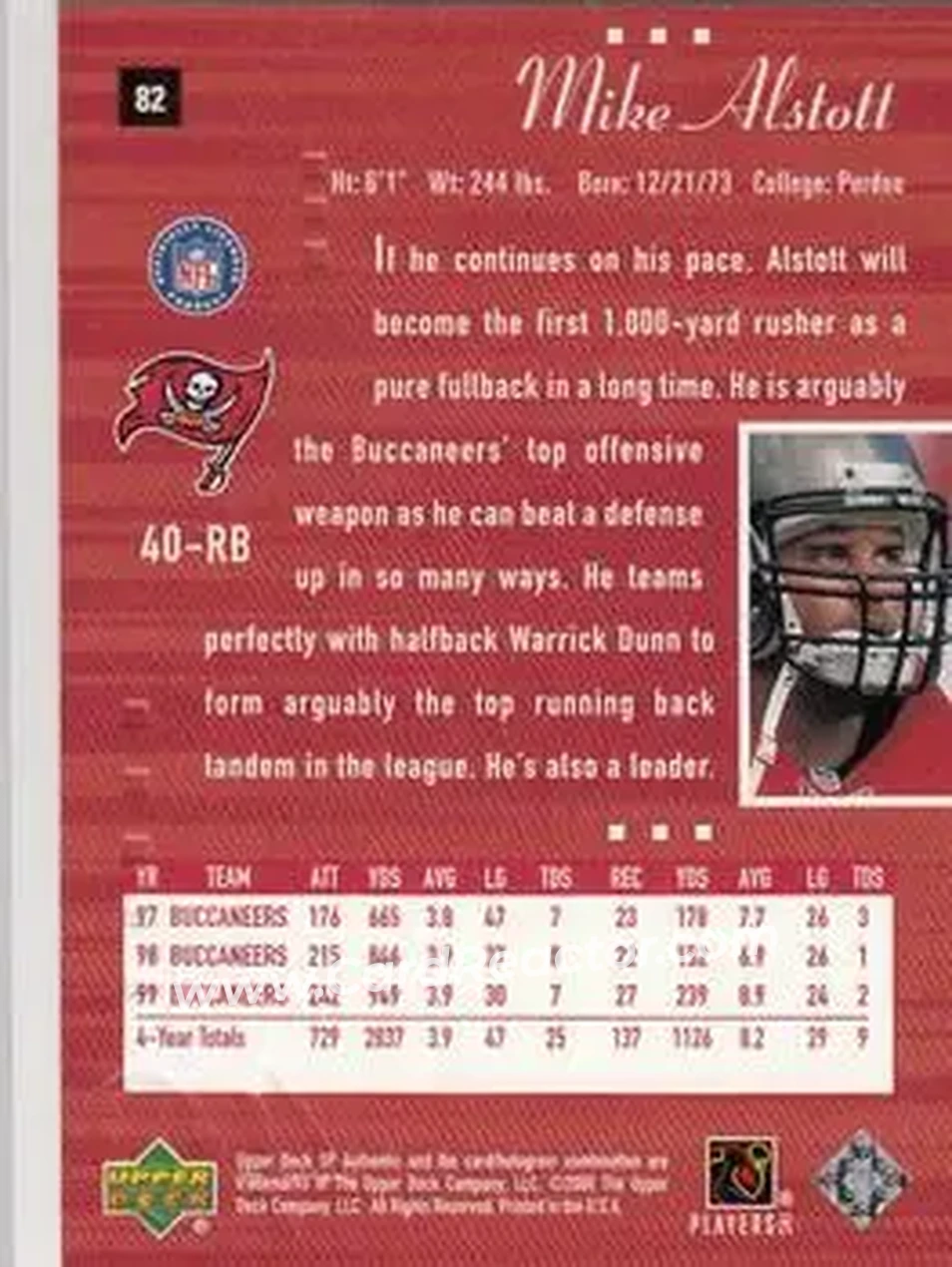 2000 SP Authentic #82 - Mike Alstott - Tampa Bay Buccaneers - Back 2000 SP Authentic #82 - Mike Alstott - Tampa Bay Buccaneers - Back