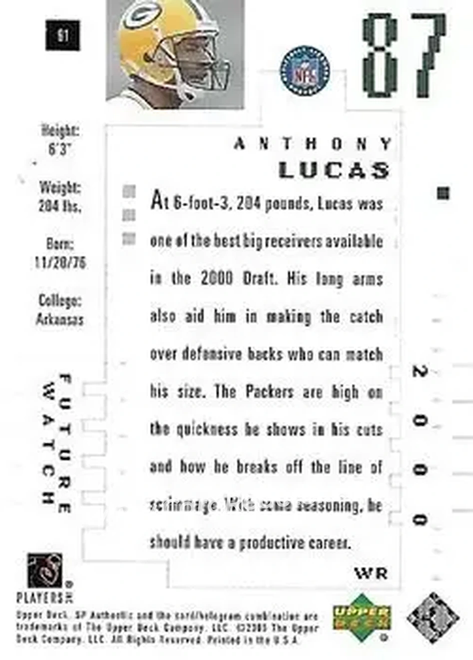 2000 SP Authentic #91 - Anthony Lucas - Green Bay Packers - Back