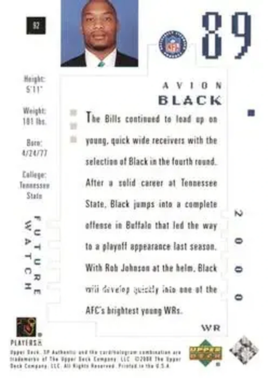2000 SP Authentic #92 - Avion Black - Buffalo Bills - Back