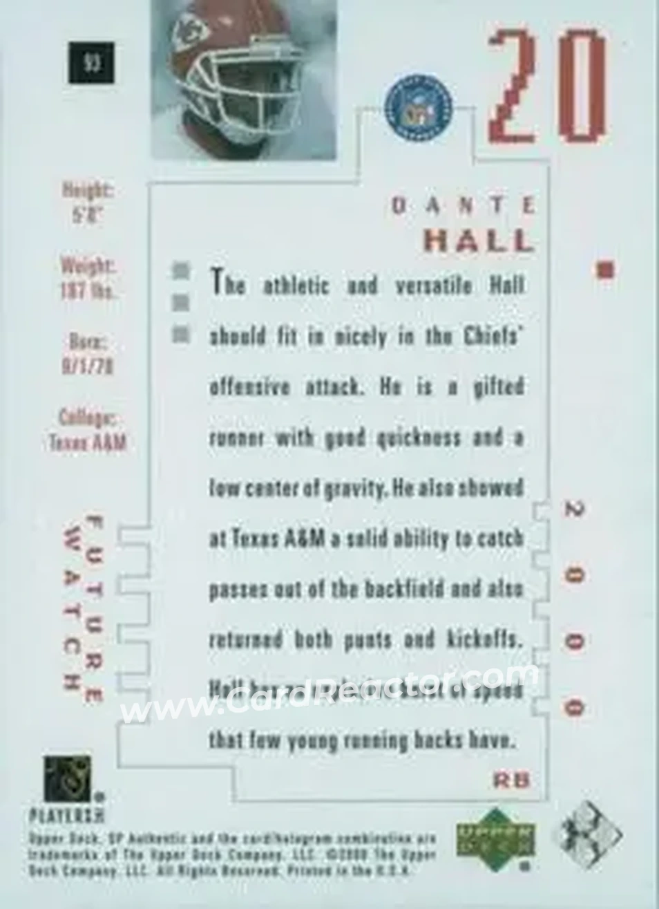 2000 SP Authentic #93 - Dante Hall - Kansas City Chiefs - Back