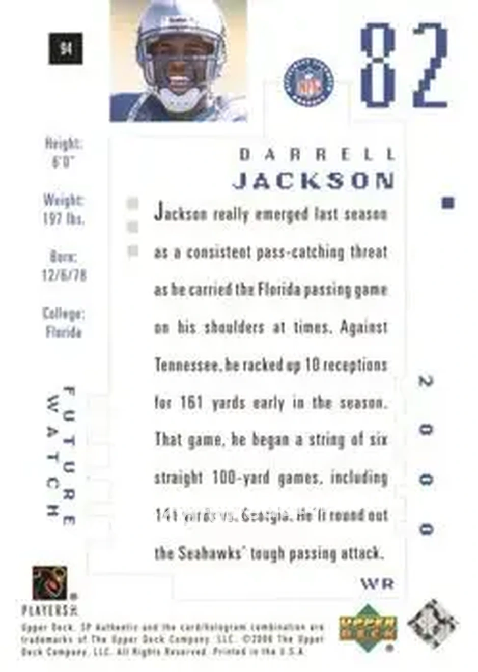 2000 SP Authentic #94 - Darrell Jackson - Seattle Seahawks - Back 2000 SP Authentic #94 - Darrell Jackson - Seattle Seahawks - Back