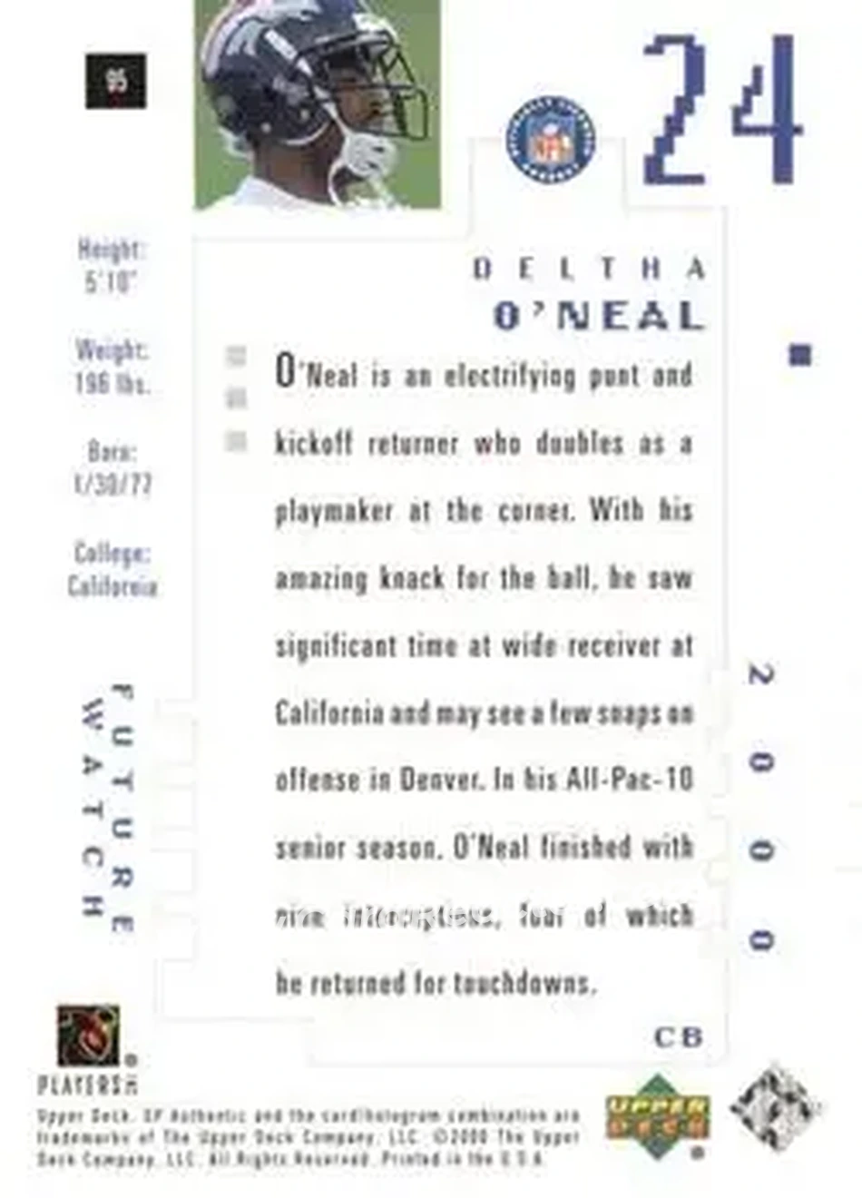 2000 SP Authentic #95 - Deltha O'Neal - Denver Broncos - Back