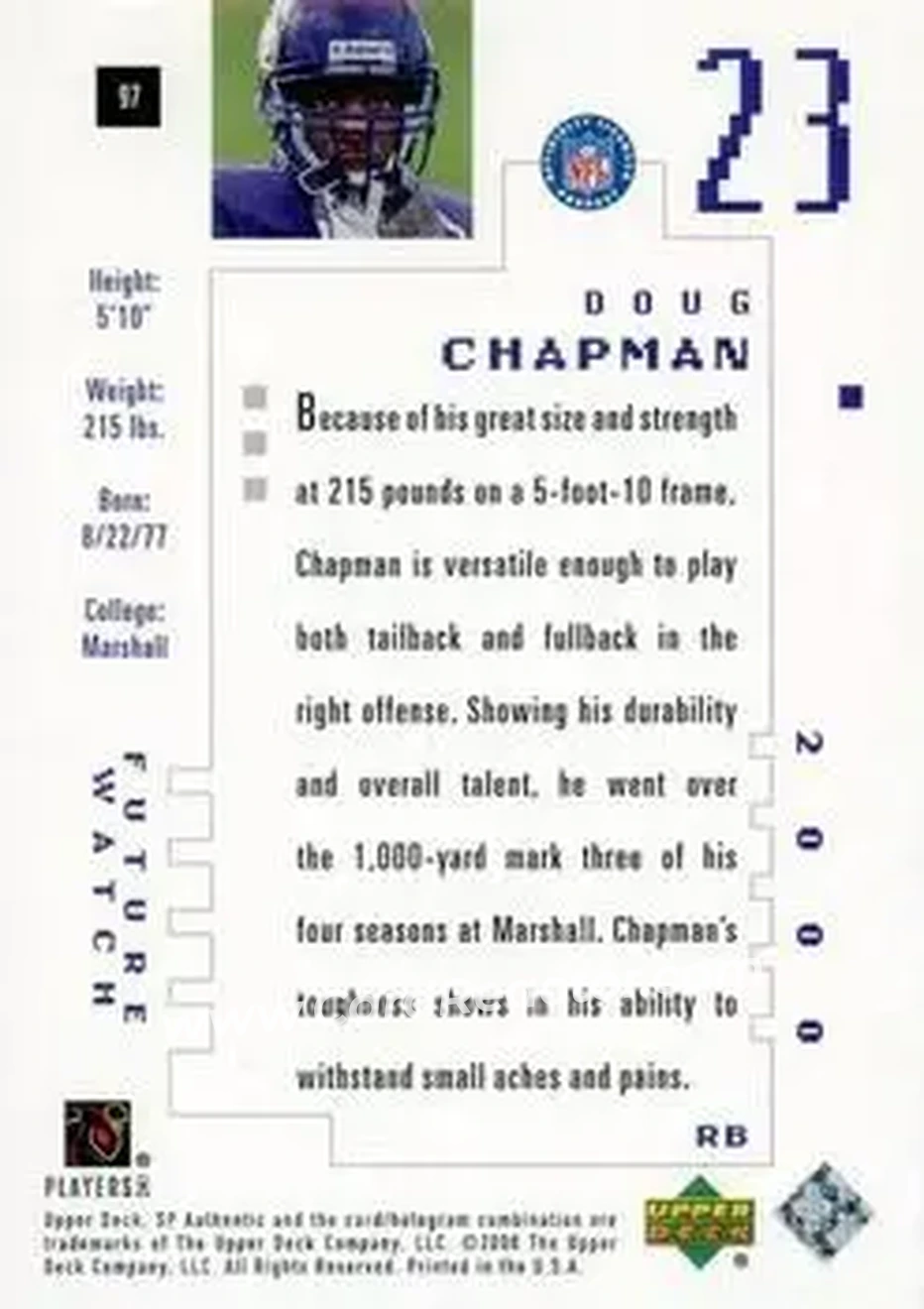 2000 SP Authentic #97 - Doug Chapman - Minnesota Vikings - Back