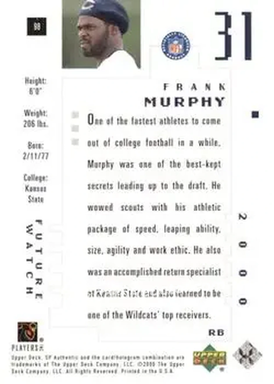 2000 SP Authentic #98 - Frank Murphy - Chicago Bears - Back 2000 SP Authentic #98 - Frank Murphy - Chicago Bears - Back