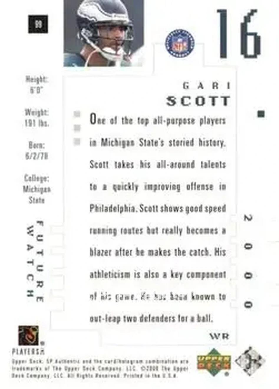 2000 SP Authentic #99 - Gari Scott - Philadelphia Eagles - Back 2000 SP Authentic #99 - Gari Scott - Philadelphia Eagles - Back