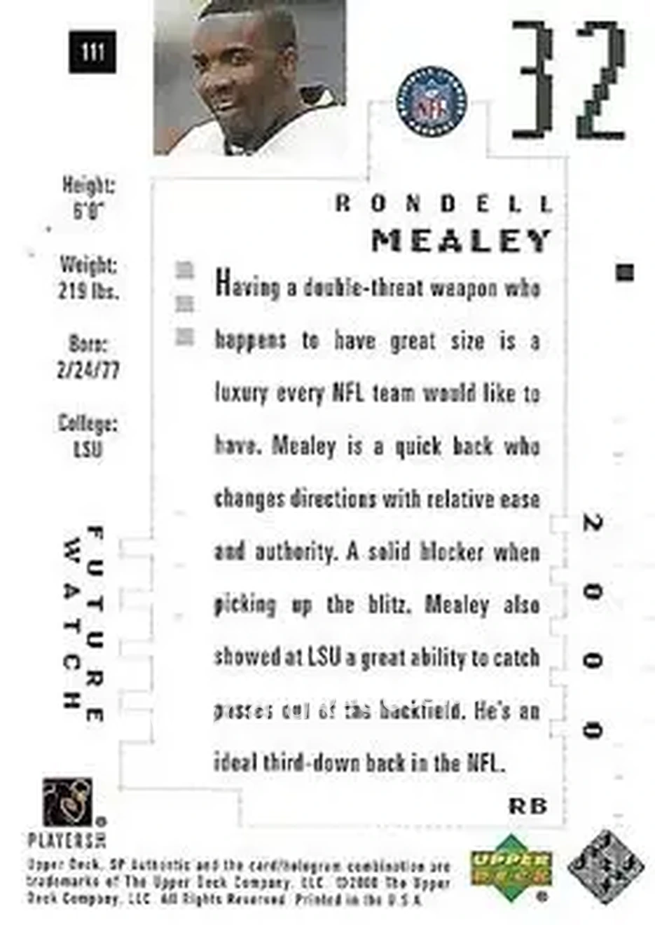 2000 SP Authentic #111 - Rondell Mealey - Green Bay Packers - Back