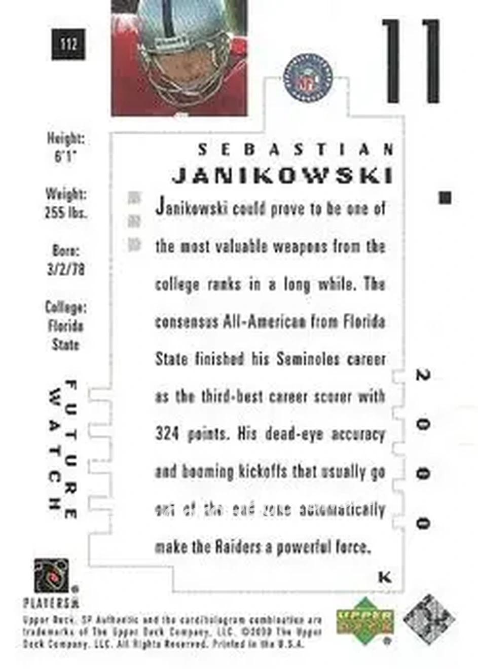 2000 SP Authentic #112 - Sebastian Janikowski - Oakland Raiders - Back 2000 SP Authentic #112 - Sebastian Janikowski - Oakland Raiders - Back