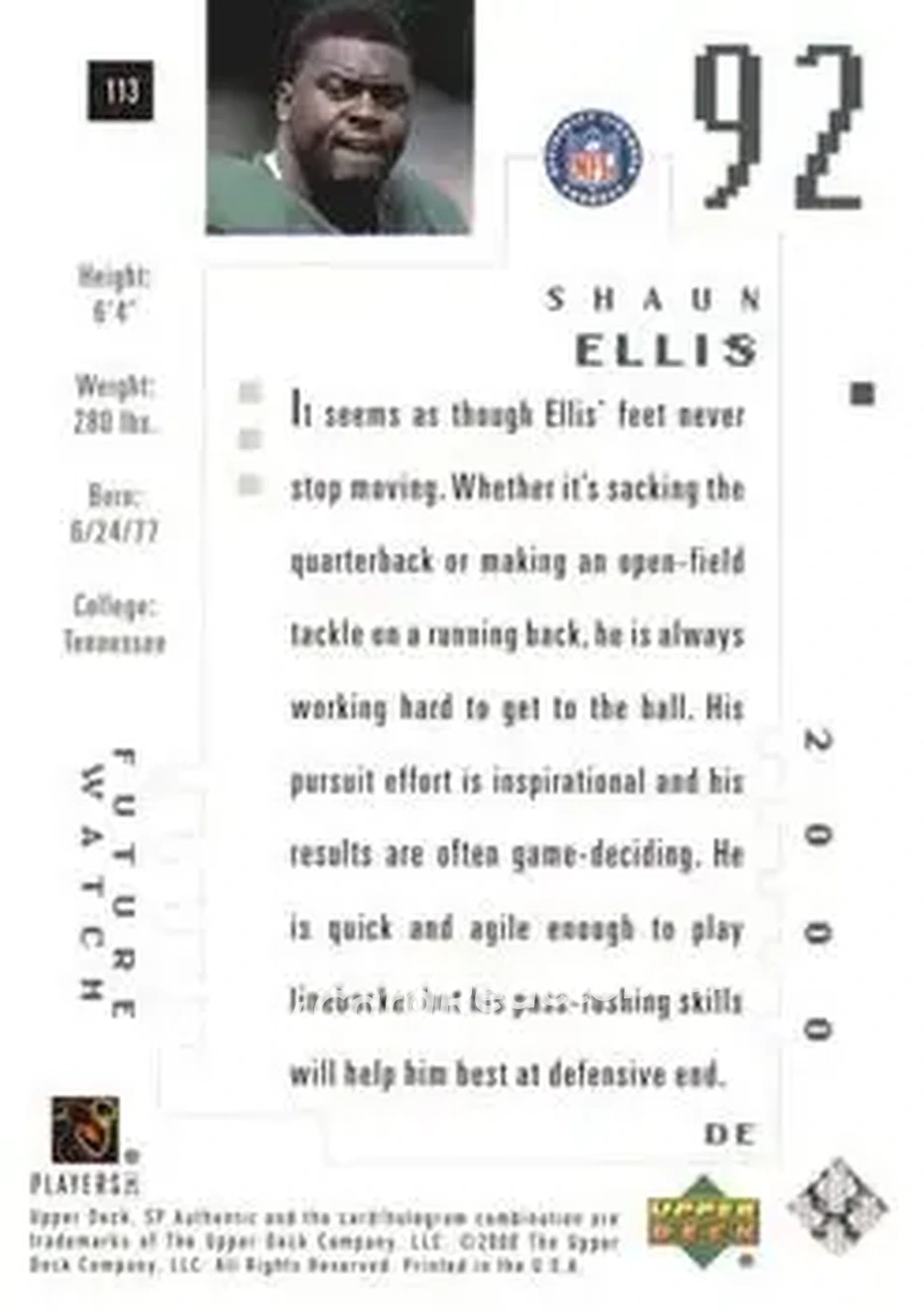 2000 SP Authentic #113 - Shaun Ellis - New York Jets - Back 2000 SP Authentic #113 - Shaun Ellis - New York Jets - Back