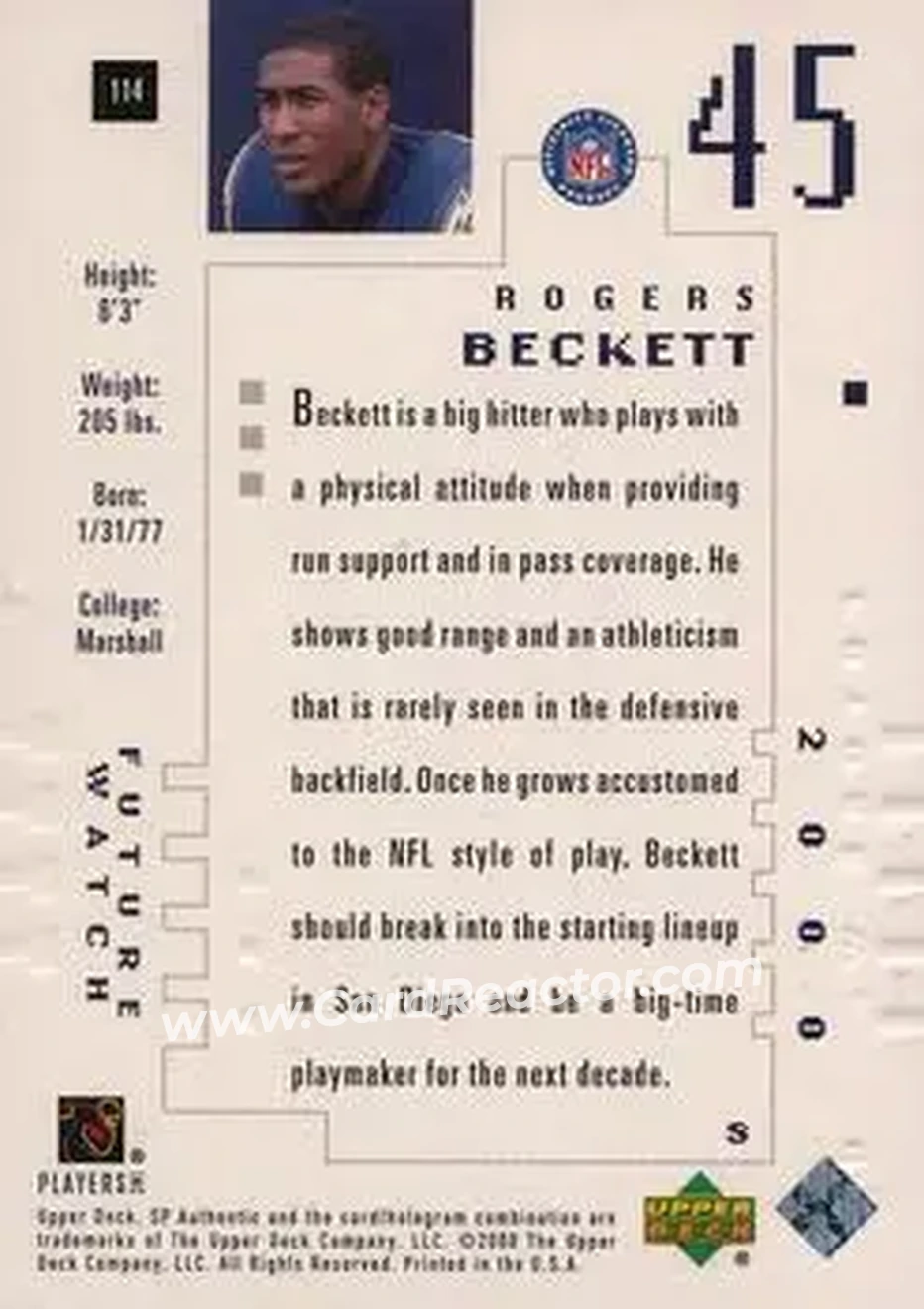 2000 SP Authentic #114 - Rogers Beckett - San Diego Chargers - Back 2000 SP Authentic #114 - Rogers Beckett - San Diego Chargers - Back