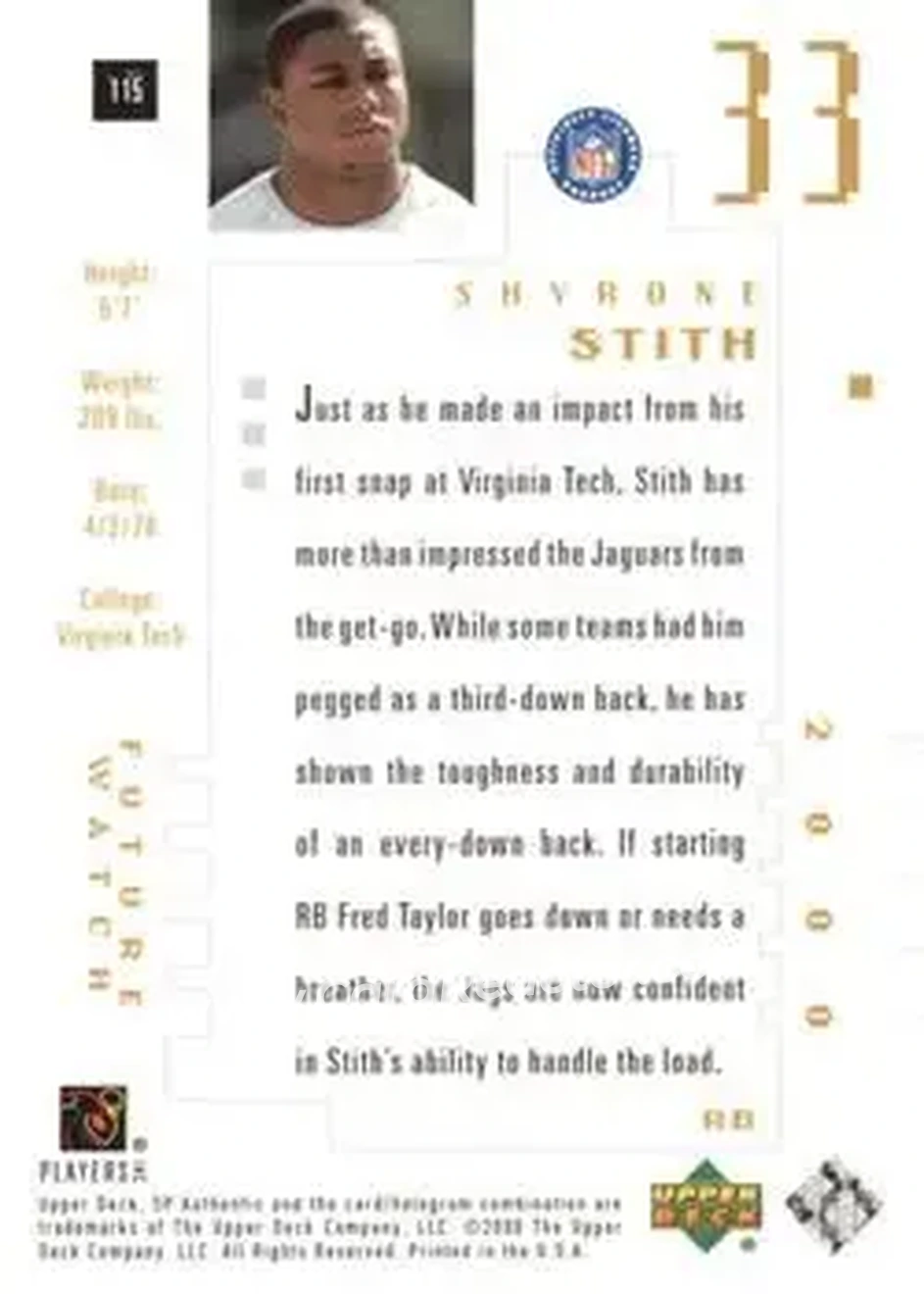 2000 SP Authentic #115 - Shyrone Stith - Jacksonville Jaguars - Back