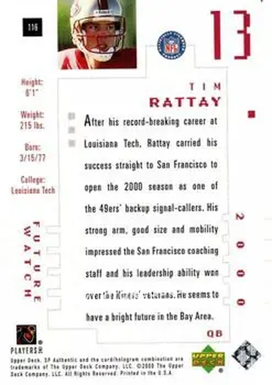 2000 SP Authentic #116 - Tim Rattay - San Francisco 49ers - Back 2000 SP Authentic #116 - Tim Rattay - San Francisco 49ers - Back