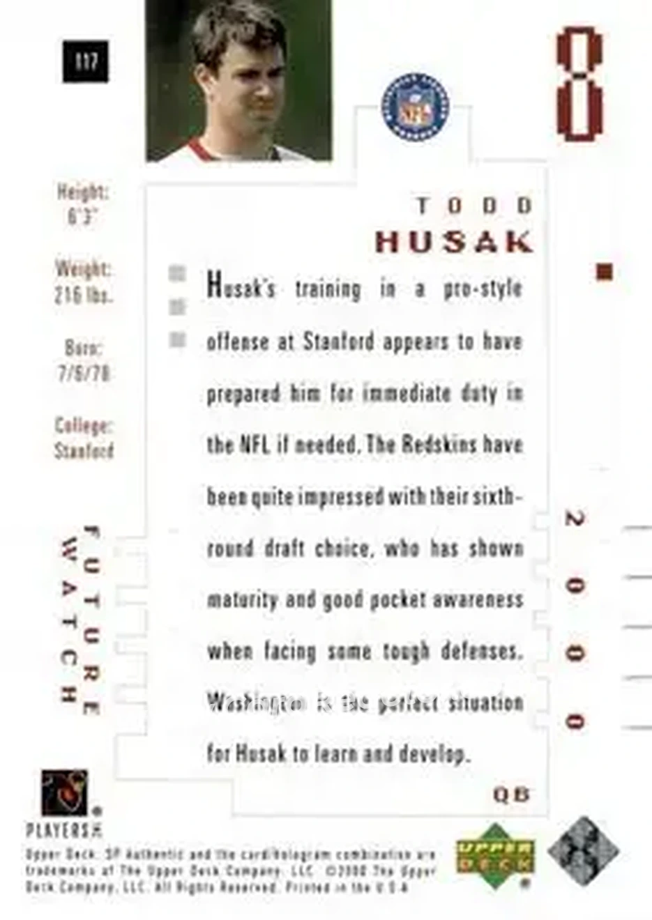 2000 SP Authentic #117 - Todd Husak - Washington Redskins - Back 2000 SP Authentic #117 - Todd Husak - Washington Redskins - Back