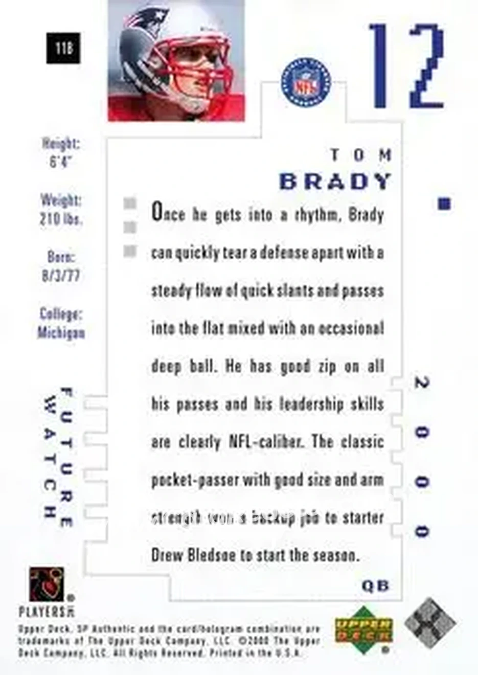 2000 SP Authentic #118 - Tom Brady - New England Patriots - Back