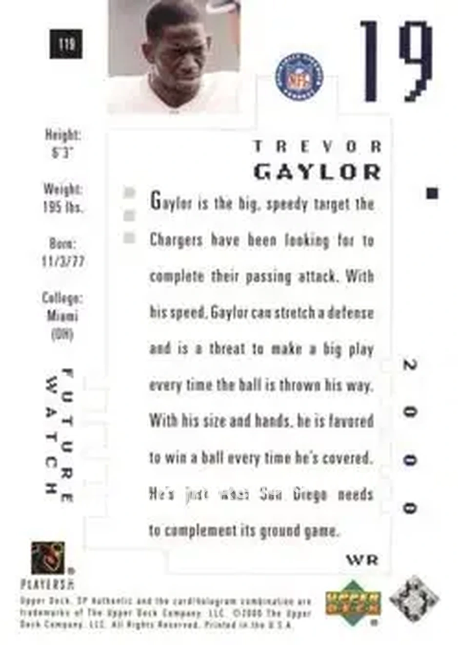 2000 SP Authentic #119 - Trevor Gaylor - San Diego Chargers - Back