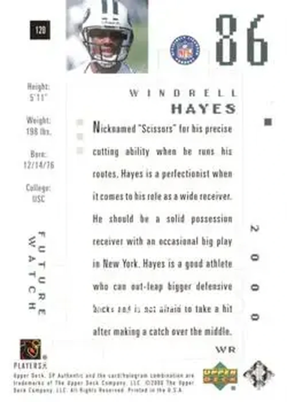2000 SP Authentic #120 - Windrell Hayes - New York Jets - Back