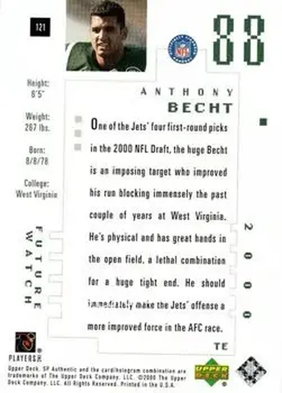 2000 SP Authentic #121 - Anthony Becht - New York Jets - Back