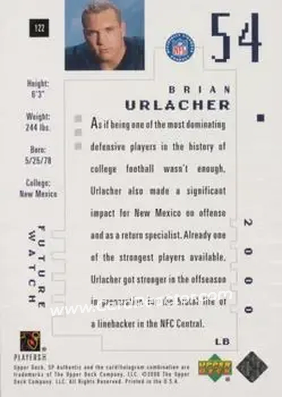 2000 SP Authentic #122 - Brian Urlacher - Chicago Bears - Back