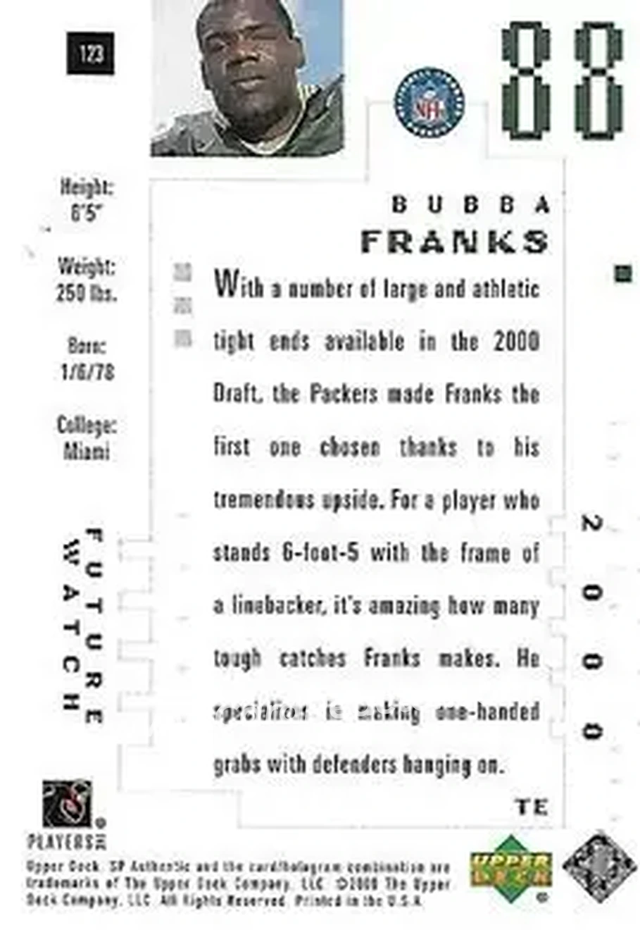 2000 SP Authentic #123 - Bubba Franks - Green Bay Packers - Back 2000 SP Authentic #123 - Bubba Franks - Green Bay Packers - Back