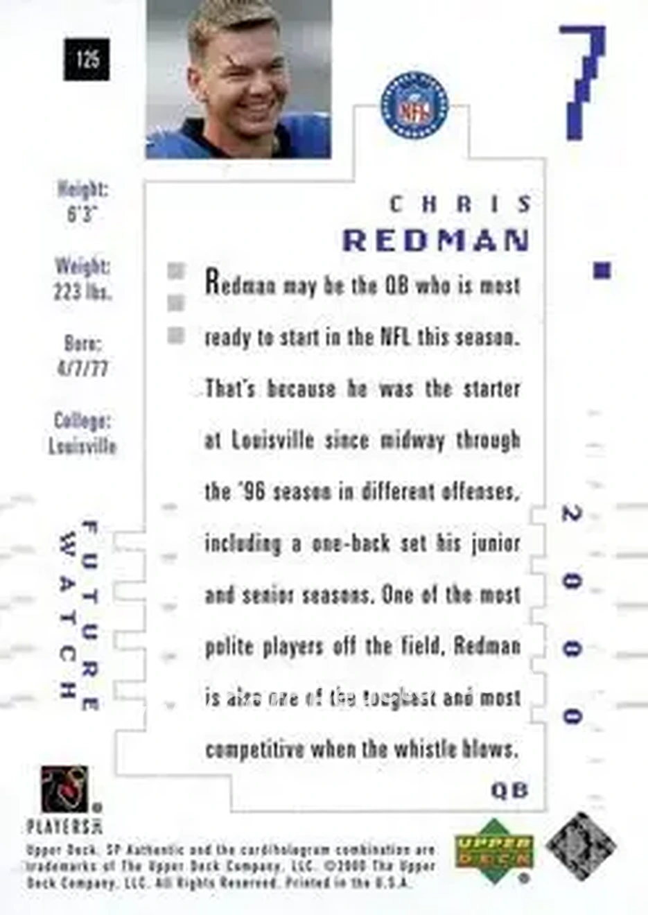 2000 SP Authentic #125 - Chris Redman - Baltimore Ravens - Back