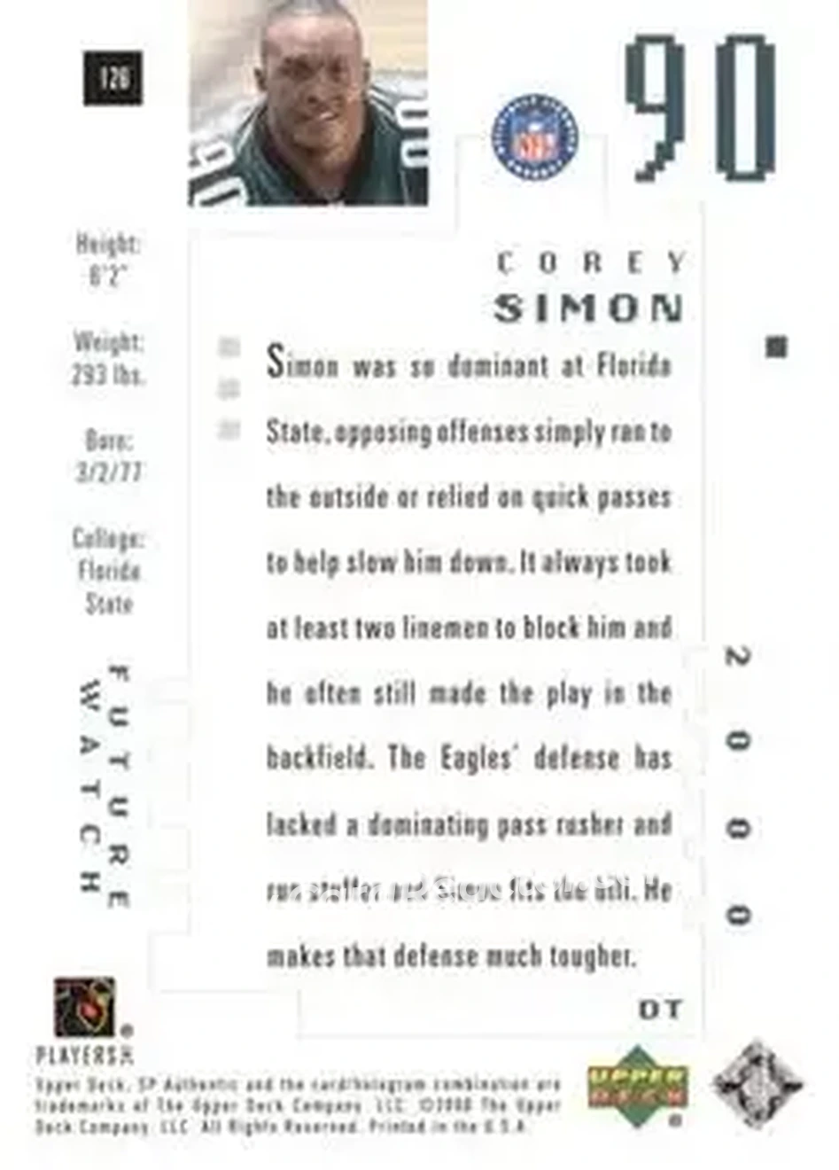 2000 SP Authentic #126 - Corey Simon - Philadelphia Eagles - Back