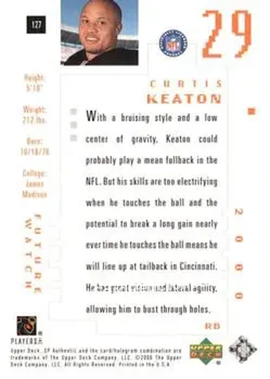 2000 SP Authentic #127 - Curtis Keaton - Cincinnati Bengals - Back