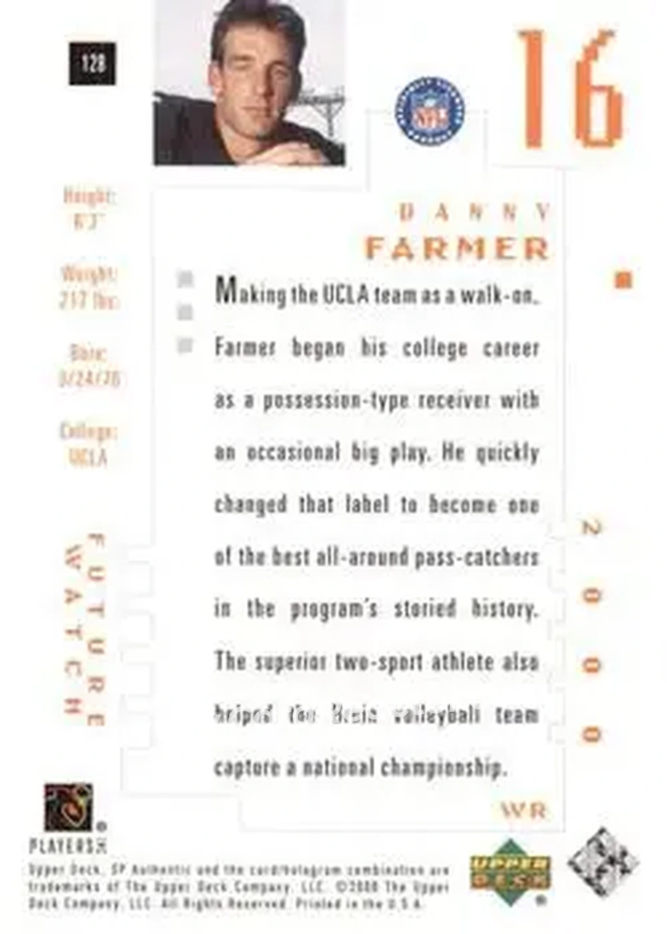 2000 SP Authentic #128 - Danny Farmer - Pittsburgh Steelers - Back